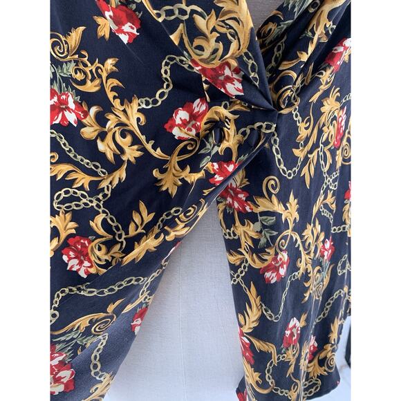 Vintage Silk Blouse Black Gold Key Baroque Chain Floral Print Top Saks 12 - Picture 10 of 14